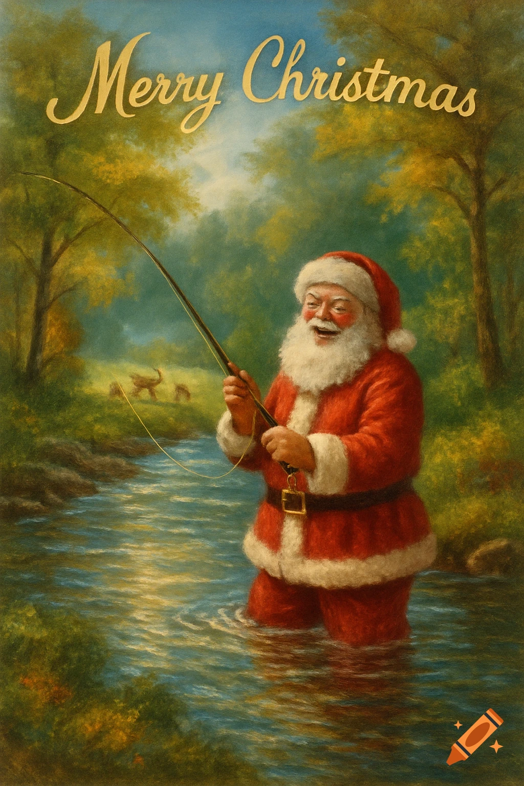 A Bob Ross style painting of Santa Claus smiling while fly fishing in a river, with 'Merry Christmas' text.
