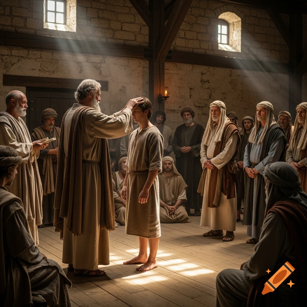 A photorealistic depiction of an elder man laying hands on a younger man in a stone and wood building, surrounded by other men, bathed in sunlight.