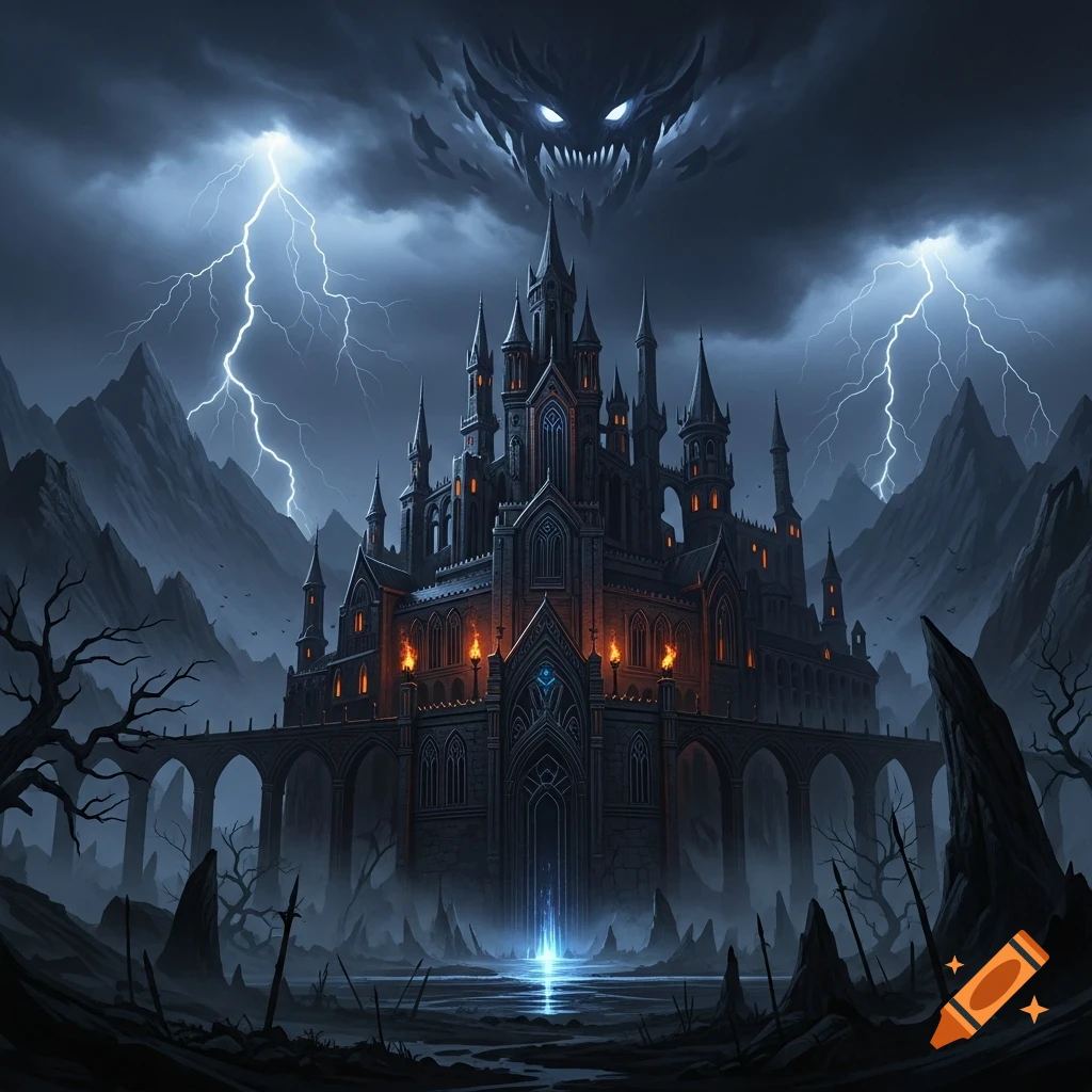 A dark gothic castle with glowing windows under a stormy sky with lightning and a monstrous cloud face, surrounded by dead trees and mountains.