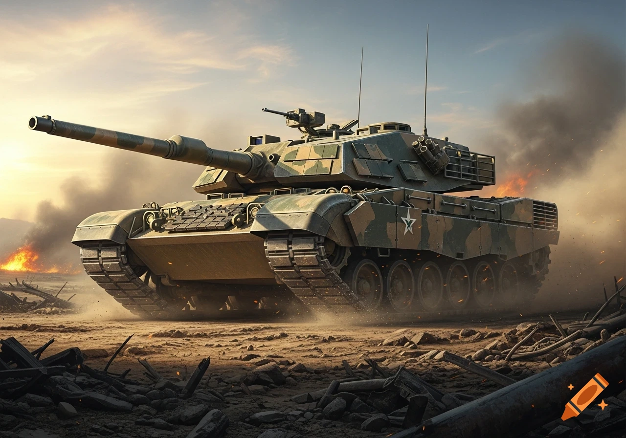 A camouflaged military tank drives through a dusty, smoke-filled battlefield with fires and debris under a dramatic sky.
