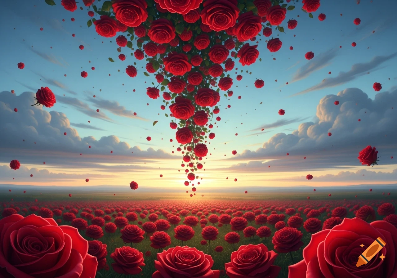 Red roses fall like rain over a vast field of roses under a sunset sky ...