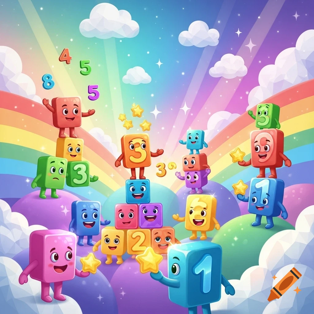 Colorful, playful block characters with numbers 1, 2, 3, 0, and others, some holding stars, on a rainbow-filled landscape with clouds, in a cheerful cartoon style.