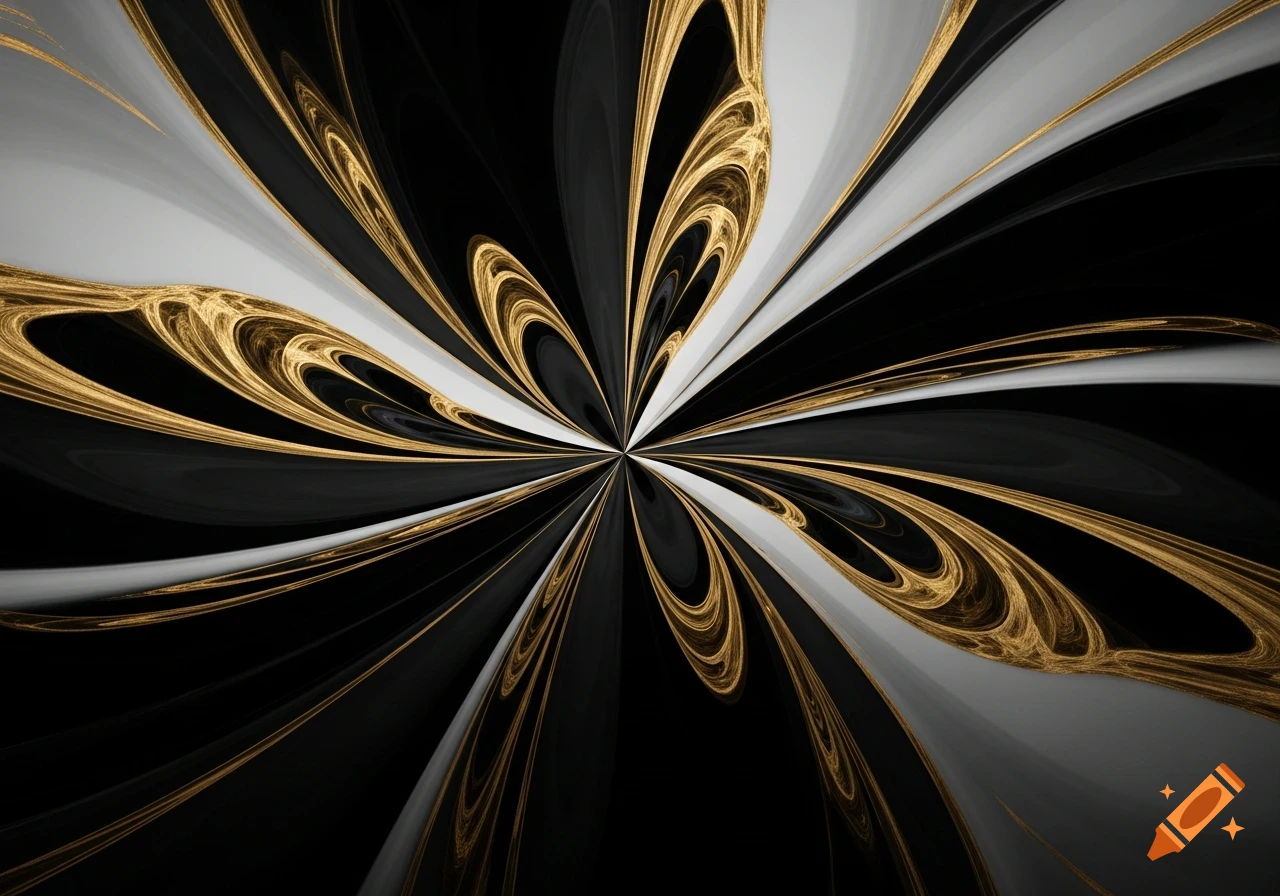 Abstract design with swirling black, white, and gold lines and textures radiating from a central point.