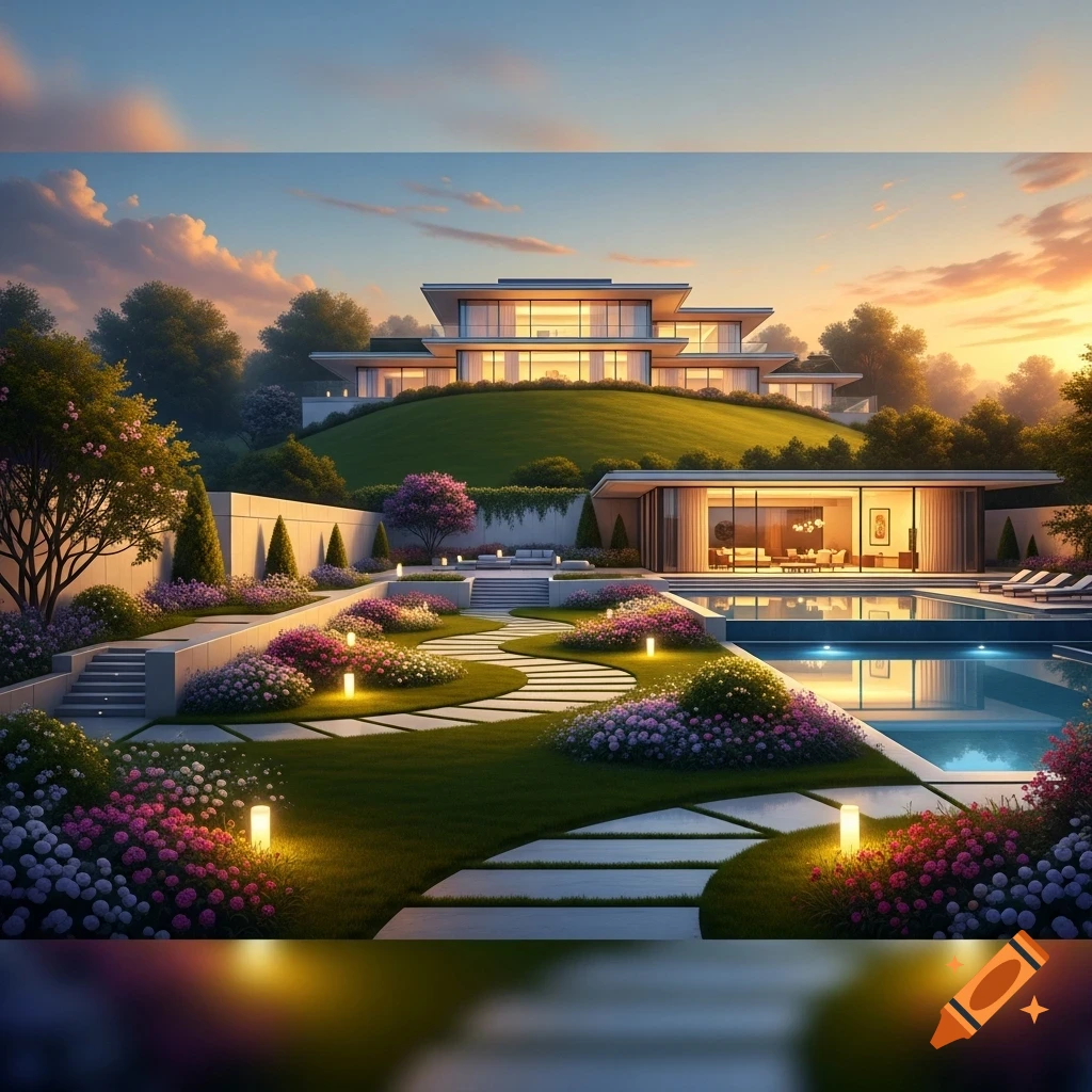 A large modern house on a hill with a luxurious garden, winding path, and swimming pool under a sunset sky.