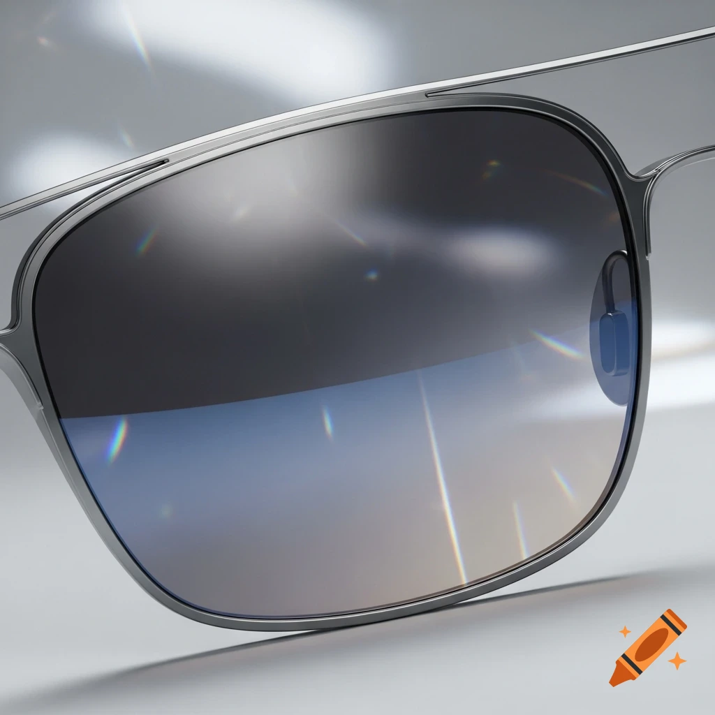 A close-up shot of silver-framed sunglasses with gradient tinted lenses, featuring reflections and light flares.