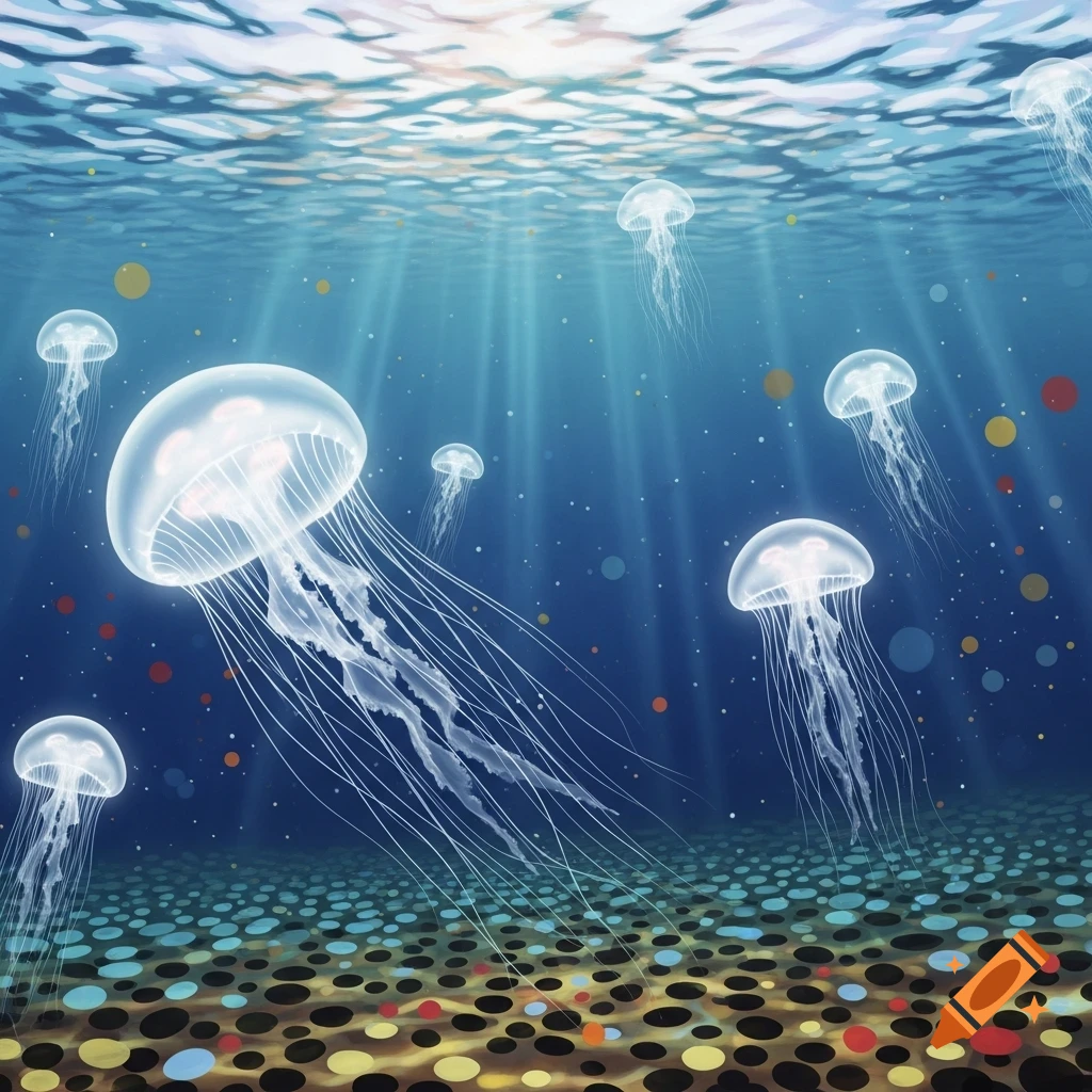 Translucent jellyfish swim underwater with sunbeams, above a seabed patterned with colorful polka dots in Yayoi Kusama's style.