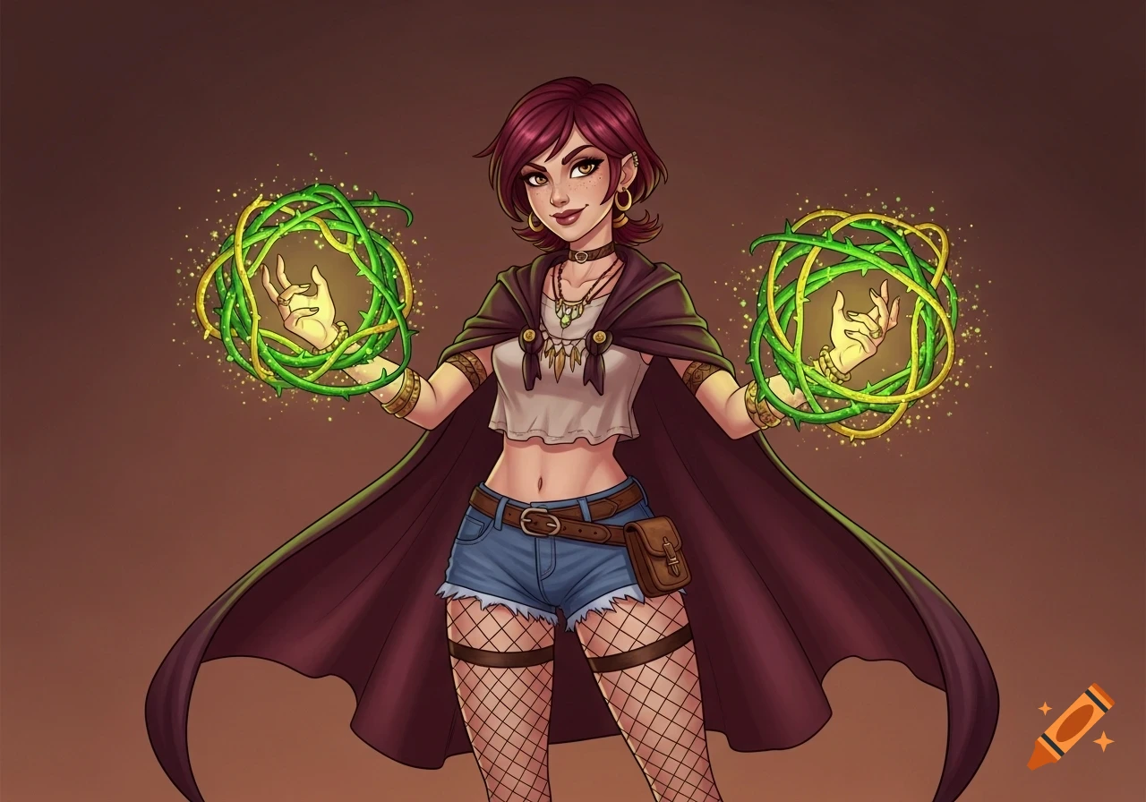 A modern cartoon witch with short red hair and brown eyes, wearing a crop top, denim shorts, fishnet stockings, and a cloak, casting a spell with green and gold thorny vines in her hands.
