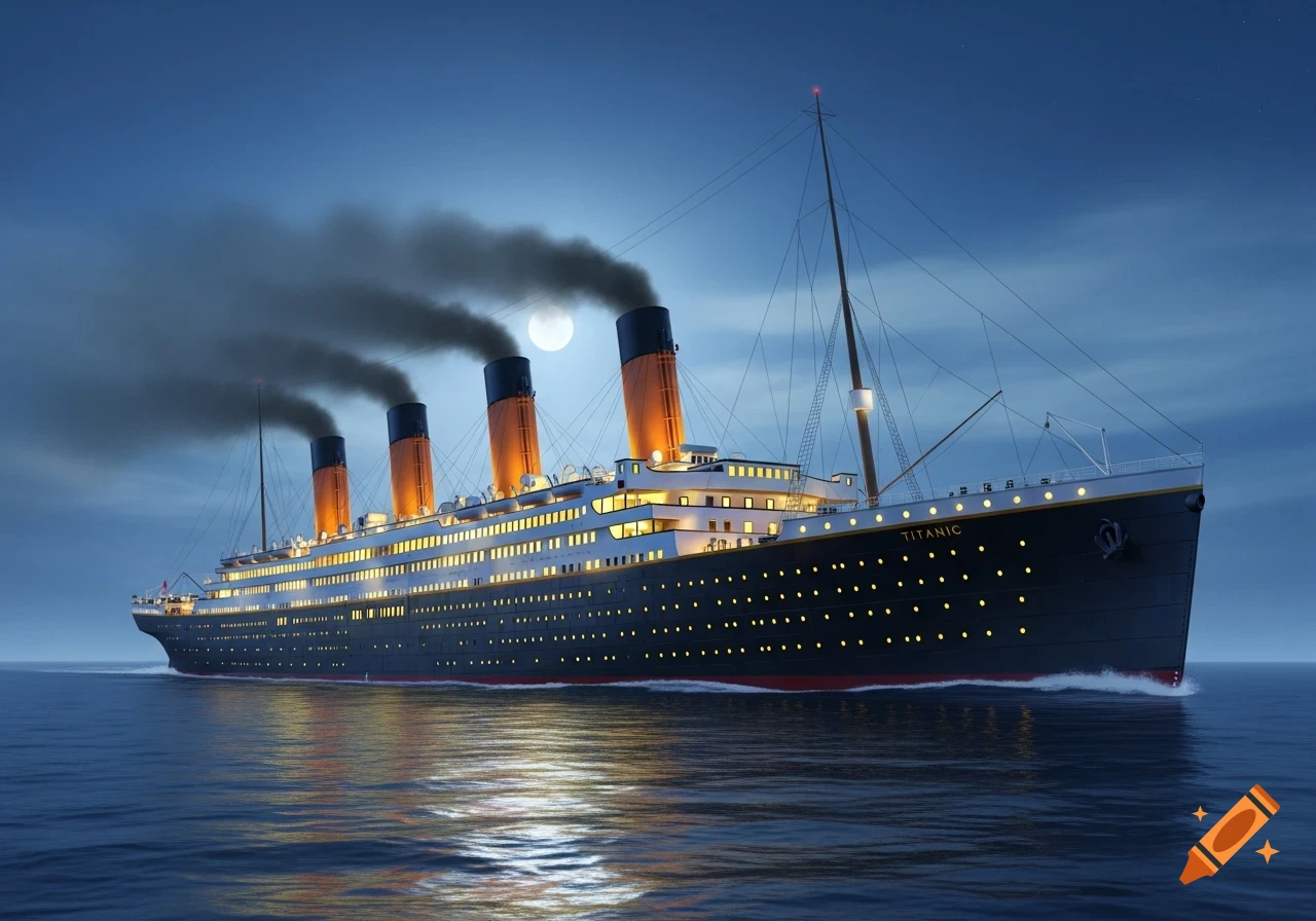 The RMS Titanic, an illuminated ocean liner with four funnels, sails across the moonlit sea at night.