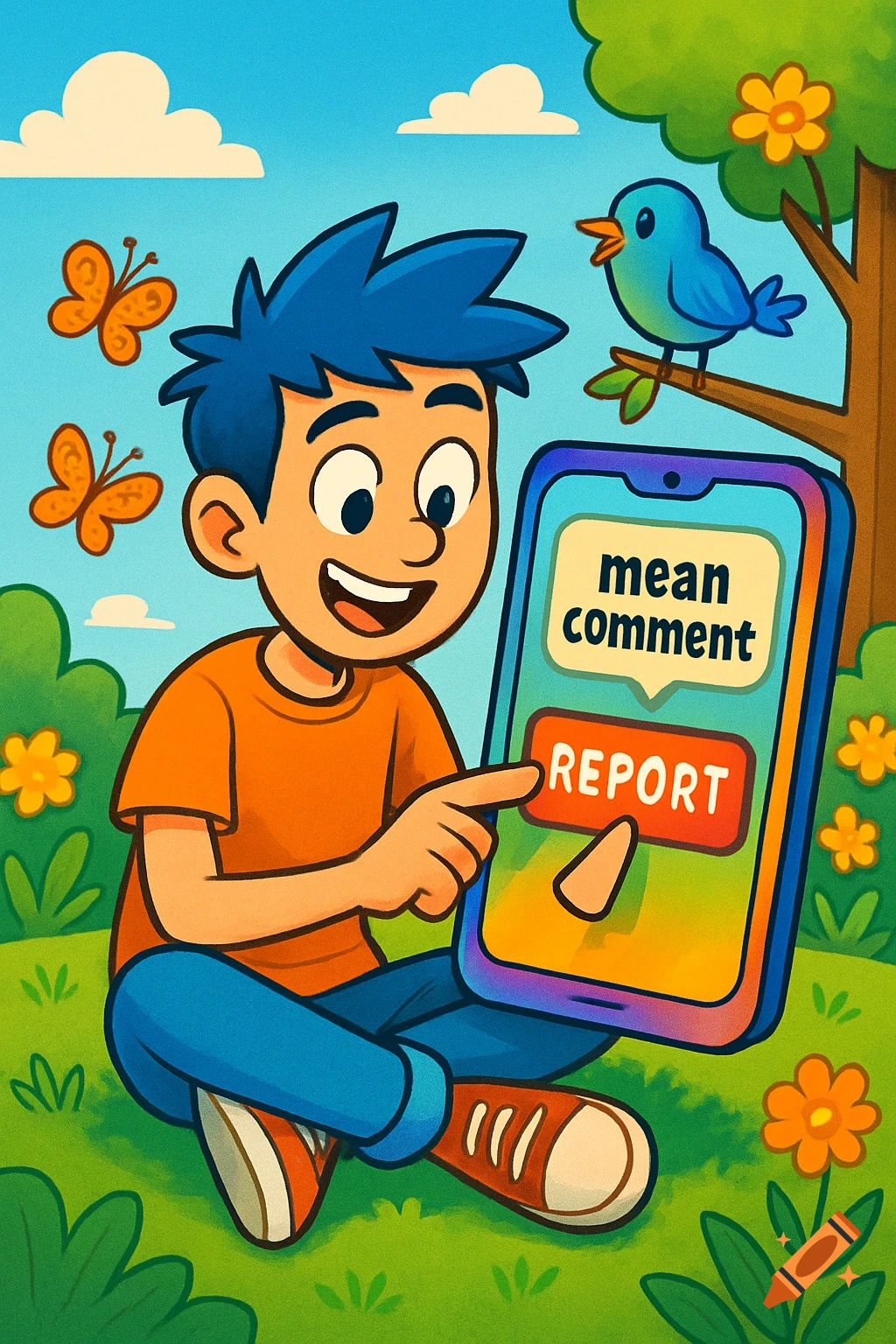 Cartoon boy in a park reports a 'mean comment' on a social media app.
