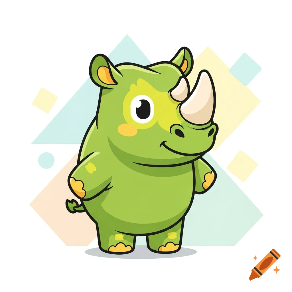A cute bipedal green cartoon rhino with a white horn and orange accents, in a vector art style similar to the Duolingo owl.