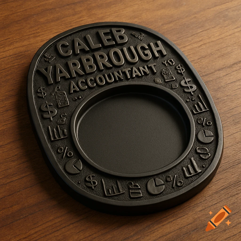 Photorealistic render of a black oval coaster with raised text 'Caleb Yarbrough Accountant' and financial symbols on a wooden table.