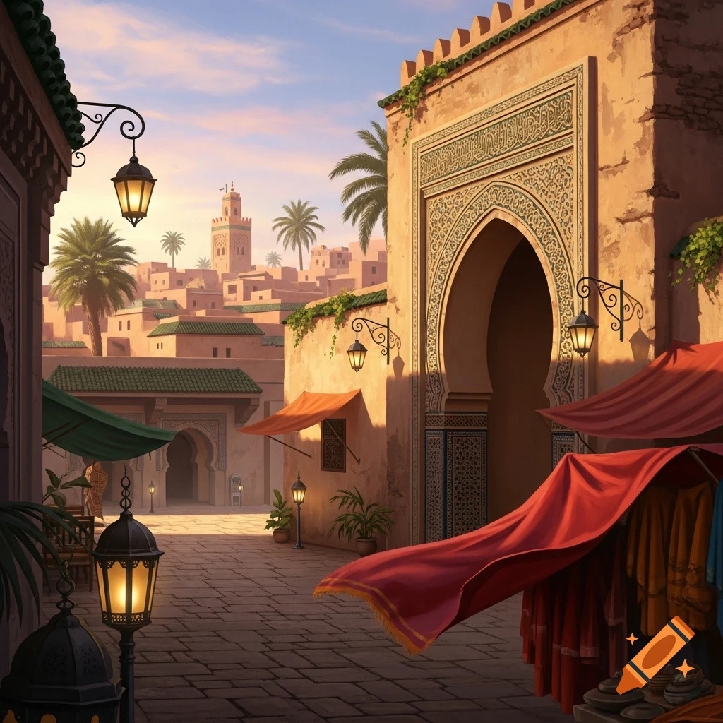 A vibrant market street in a Middle Eastern city with an ornate archway, lanterns, red fabric stalls, and a distant minaret.