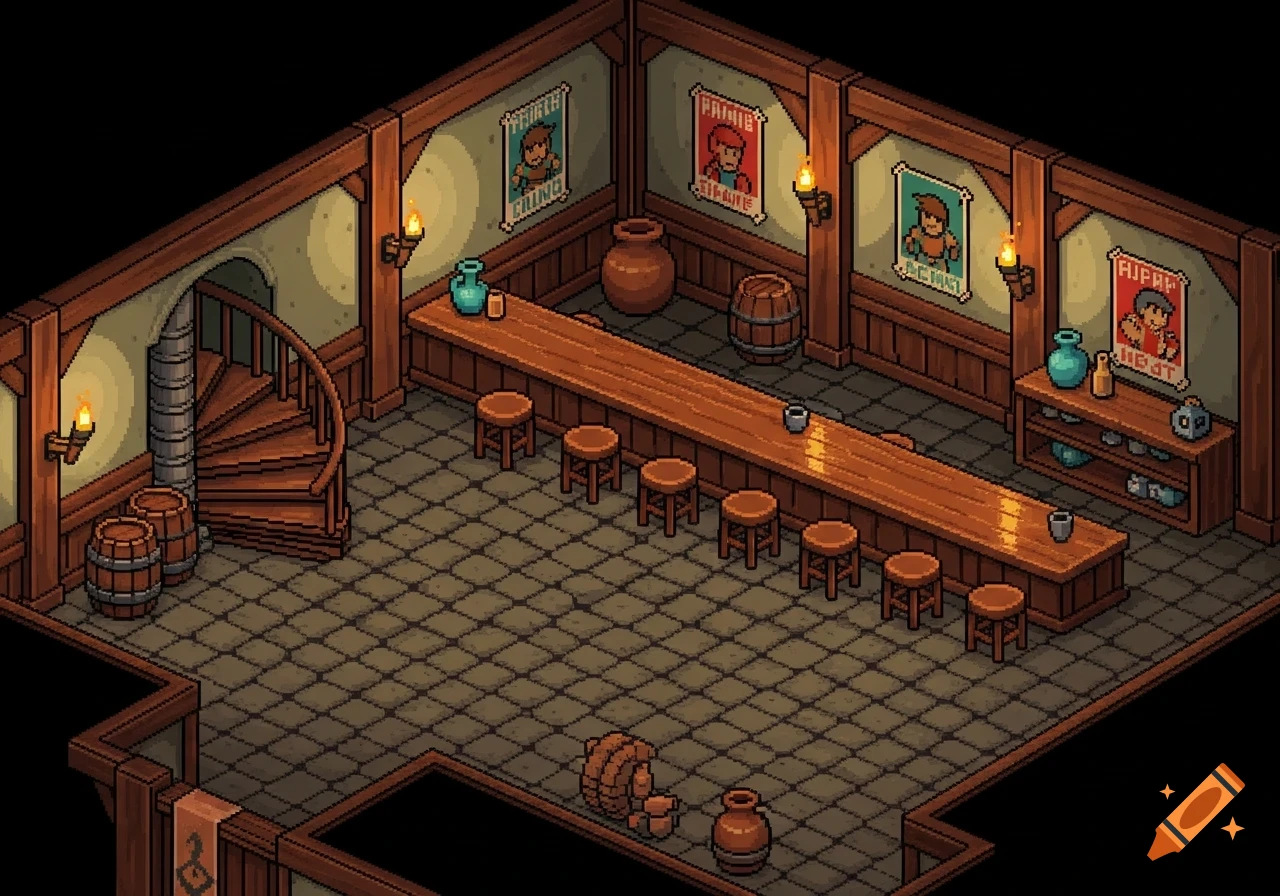 Isometric pixel art of a vacant old-style tavern with a long wooden bar, stools, a spiral staircase, and posters on the walls.
