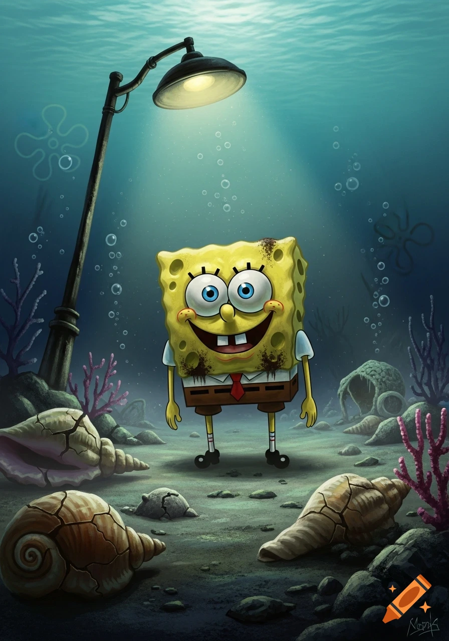 Spongebob stands grinning in a dark, detailed underwater scene under a lamppost, surrounded by cracked shells and coral.