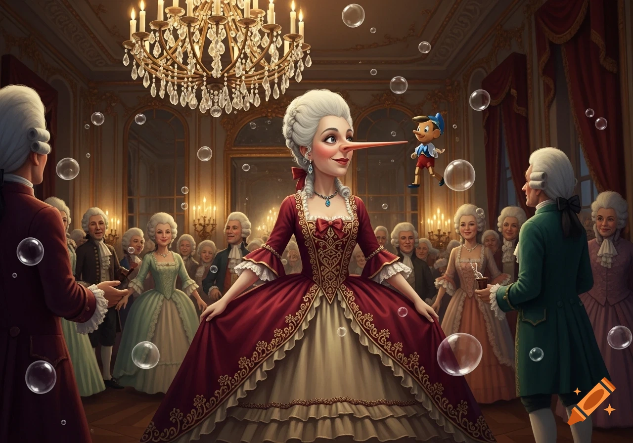 A woman in a red and gold historical gown, with a very long Pinocchio-like nose, stands in a lavish ballroom with bubbles and a small Pinocchio.