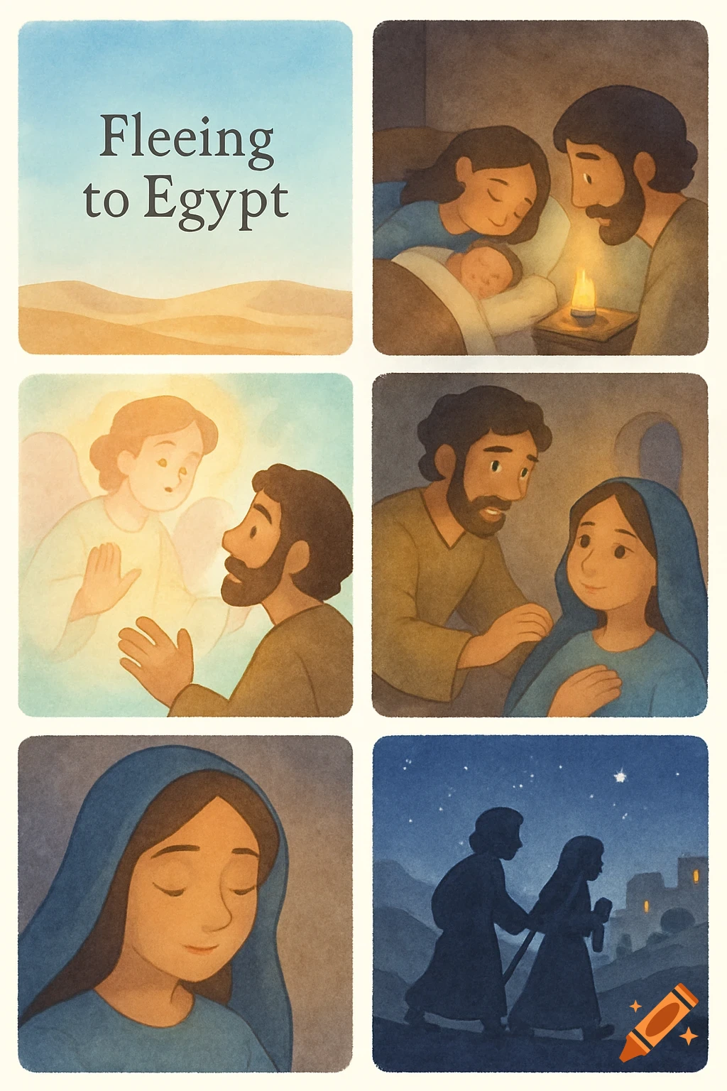 Six-panel storybook illustration of the Fleeing to Egypt, featuring Mary, Joseph, and Baby Jesus, in a soft watercolor style.