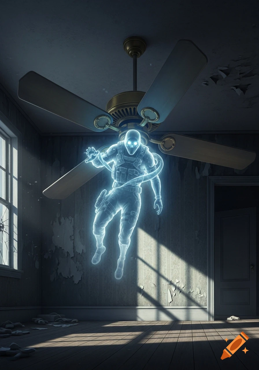 A glowing, ethereal tactical ghost with bright eyes floats near a ceiling fan in a dilapidated room.