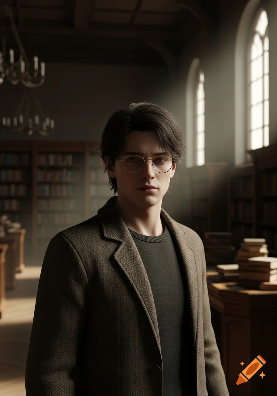 A young man with dark hair and glasses wearing a tweed jacket and sweater stands in a dimly lit library.