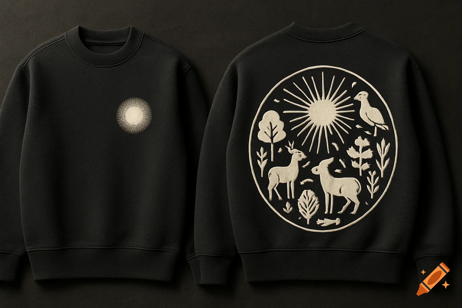 Two black sweatshirts; one with a small sun embroidery on the front, the other with a large circular design on the back featuring a sun, deer, bird, and plants.