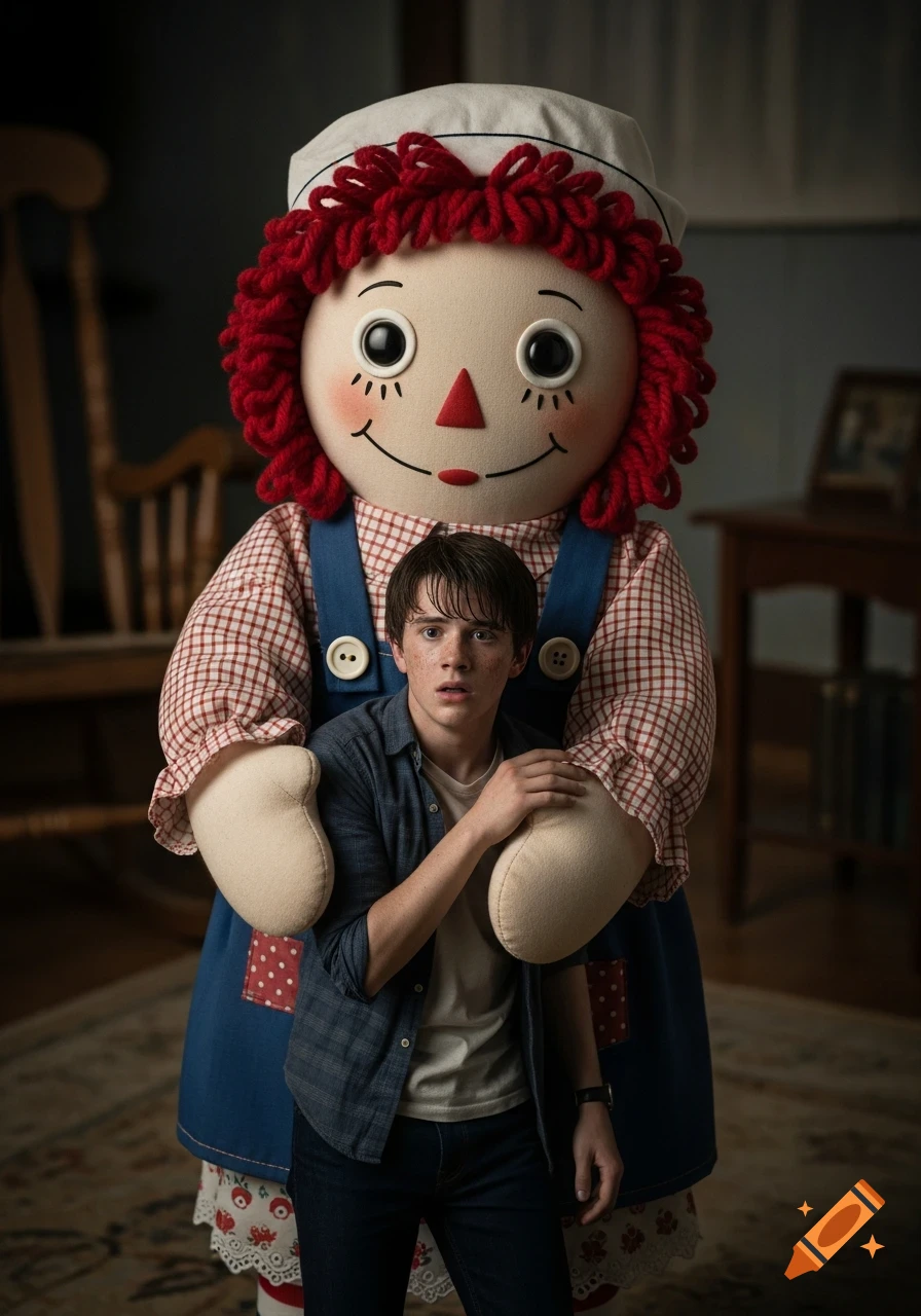 A large Raggedy Ann doll holds a fearful teenage boy in a dimly lit room, photorealistic.