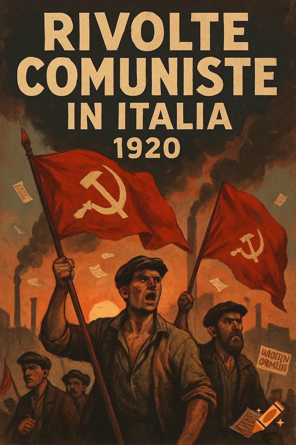Vintage-style propaganda poster for 'Communist Revolts in Italy 1920,' depicting angry workers waving red flags with the hammer and sickle symbol against an industrial background.