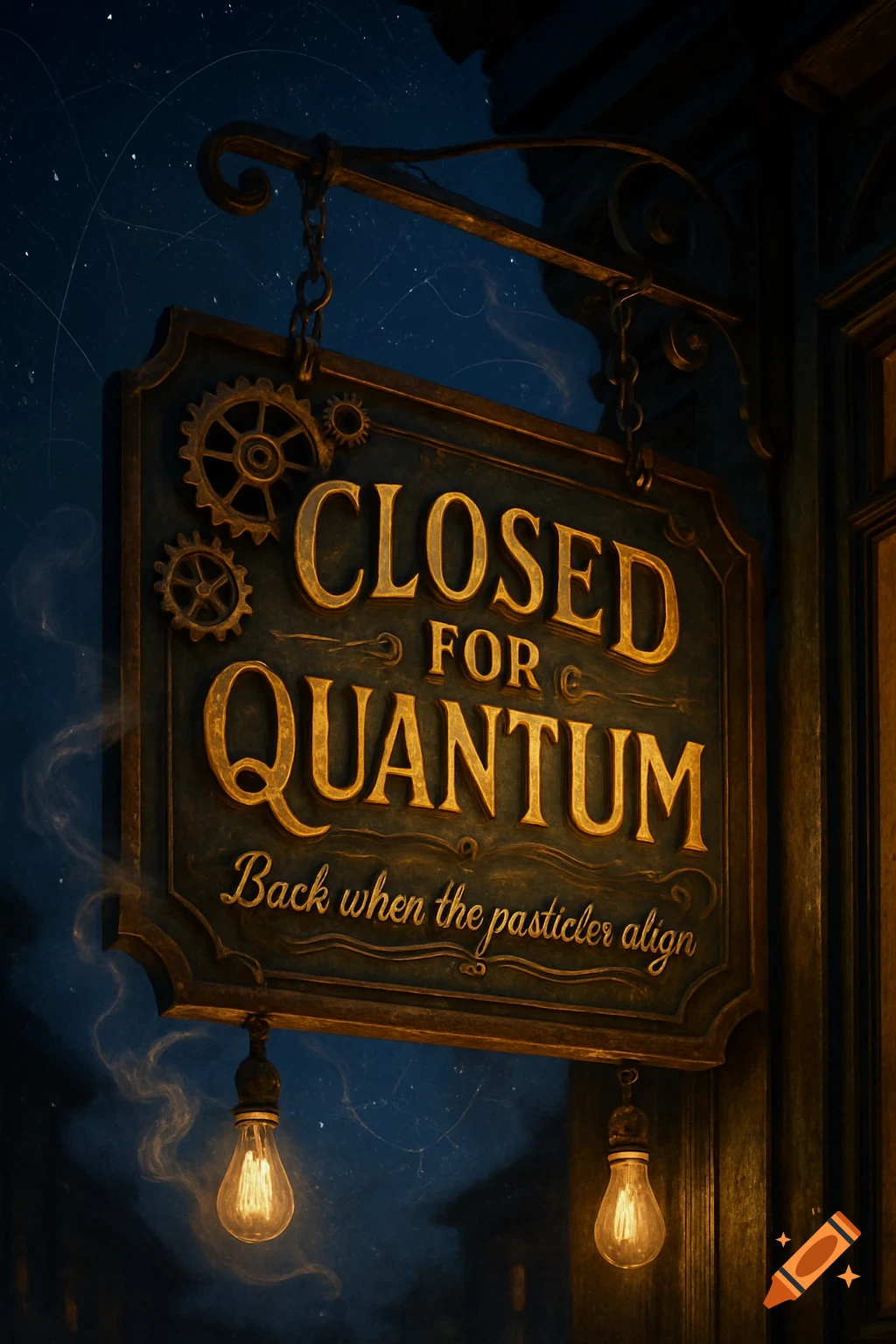 An ornate, vintage steampunk-style shop sign hangs at night, lit by two glowing Edison bulbs. It reads "CLOSED FOR QUANTUM" and "Back when the pasticler align".