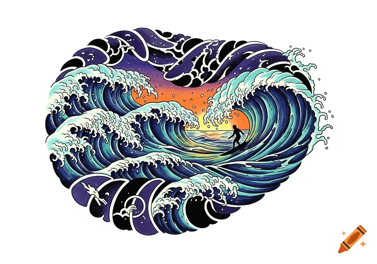 Stylized illustration of a surfer riding a large ocean wave at sunset, designed in a tattoo art style.
