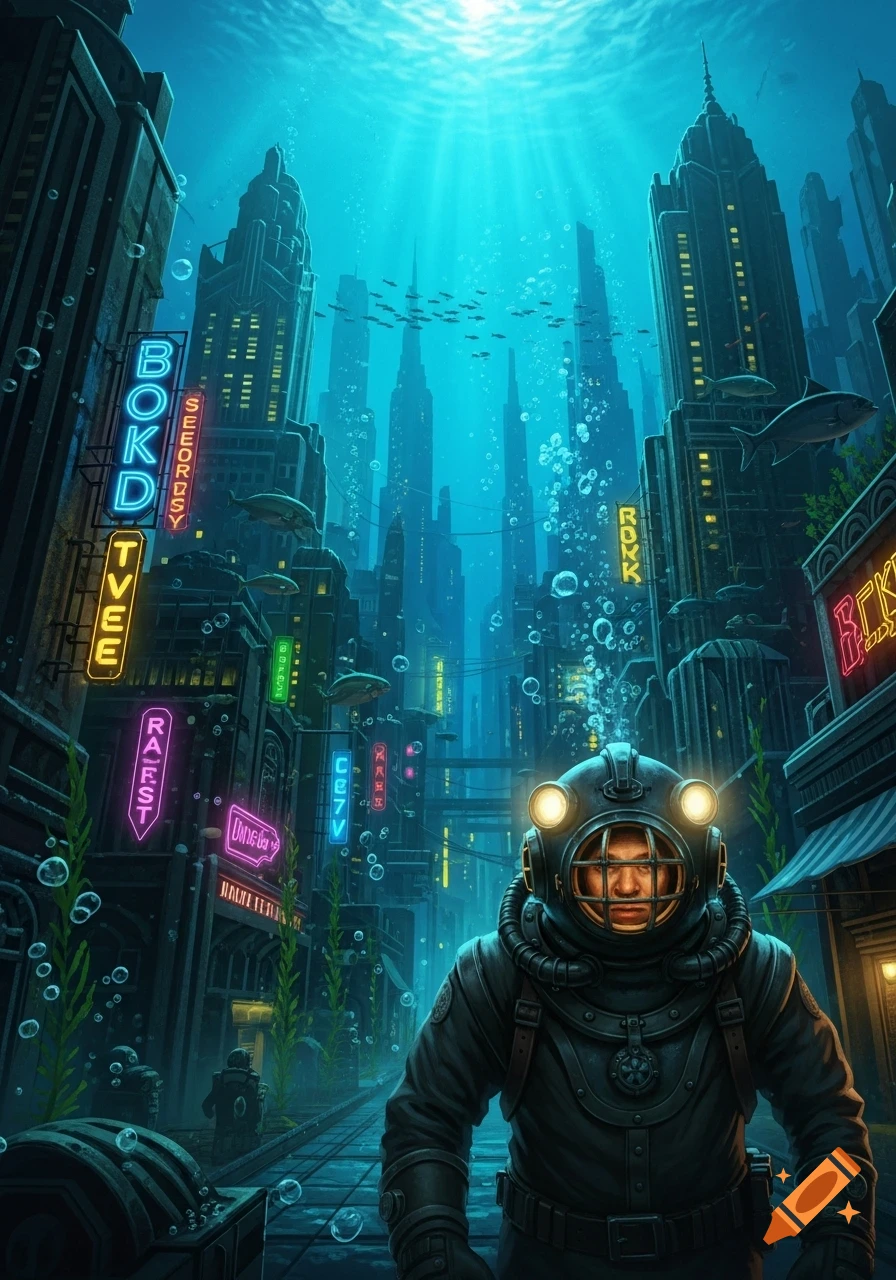 A diver in a retro helmet walks through a vibrant underwater city with towering art deco buildings and glowing neon signs.