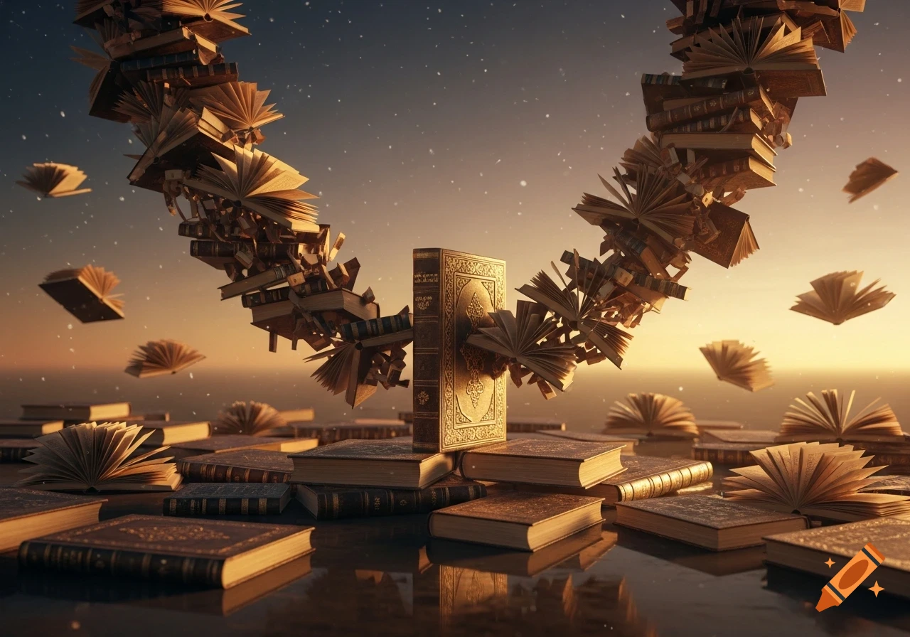 A magical waterfall of books flows from the sky, splitting around a prominent golden book standing on a reflective surface, under a starry sunset sky.