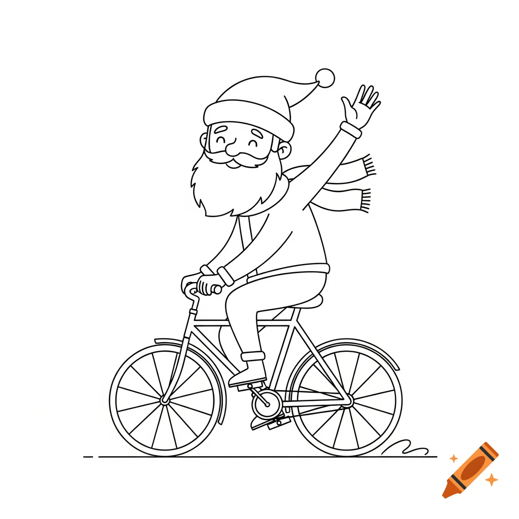 A black and white line drawing of a cartoon Santa-like man riding a bicycle and waving.