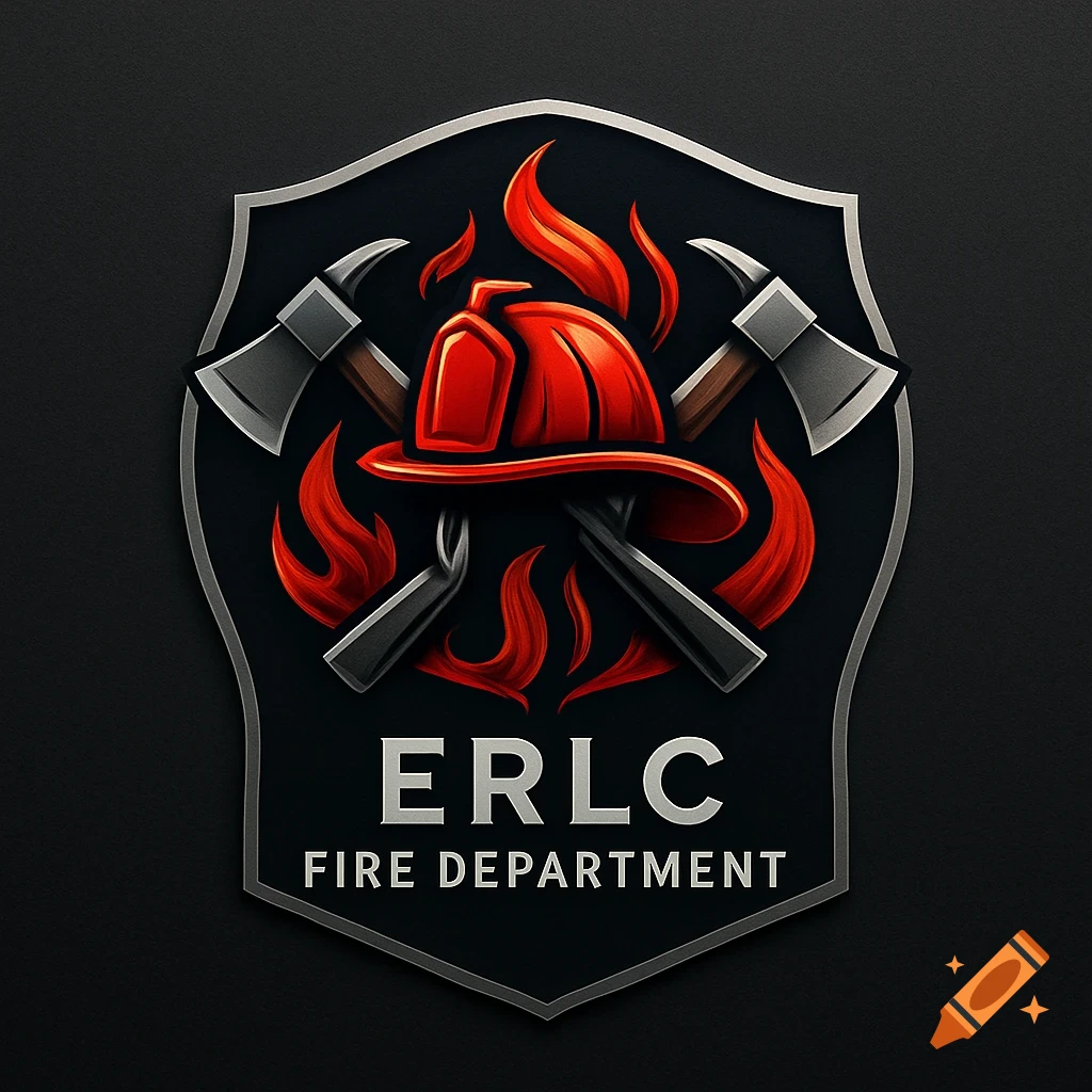 A shield-shaped logo features a red firefighter's helmet, crossed axes, and flames on a black background, with text 'ERLC FIRE DEPARTMENT'.