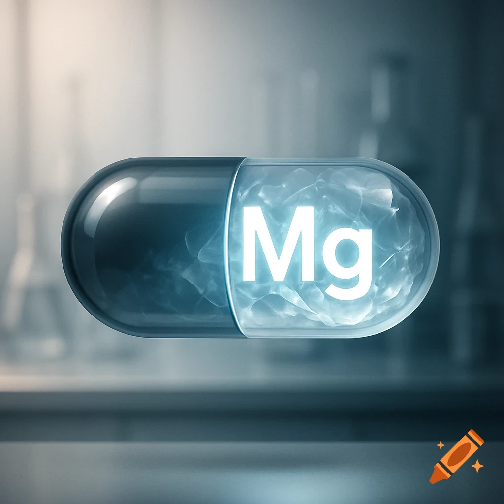 A close-up of a translucent medicinal capsule with glowing white 'Mg' text on a blurred scientific background.
