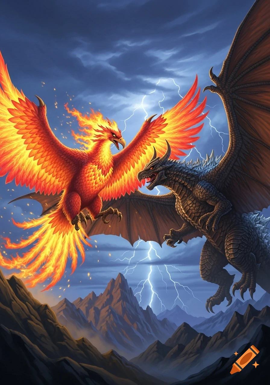 A fiery red phoenix battles a dark, spiky dragon in a stormy mountain landscape with lightning.