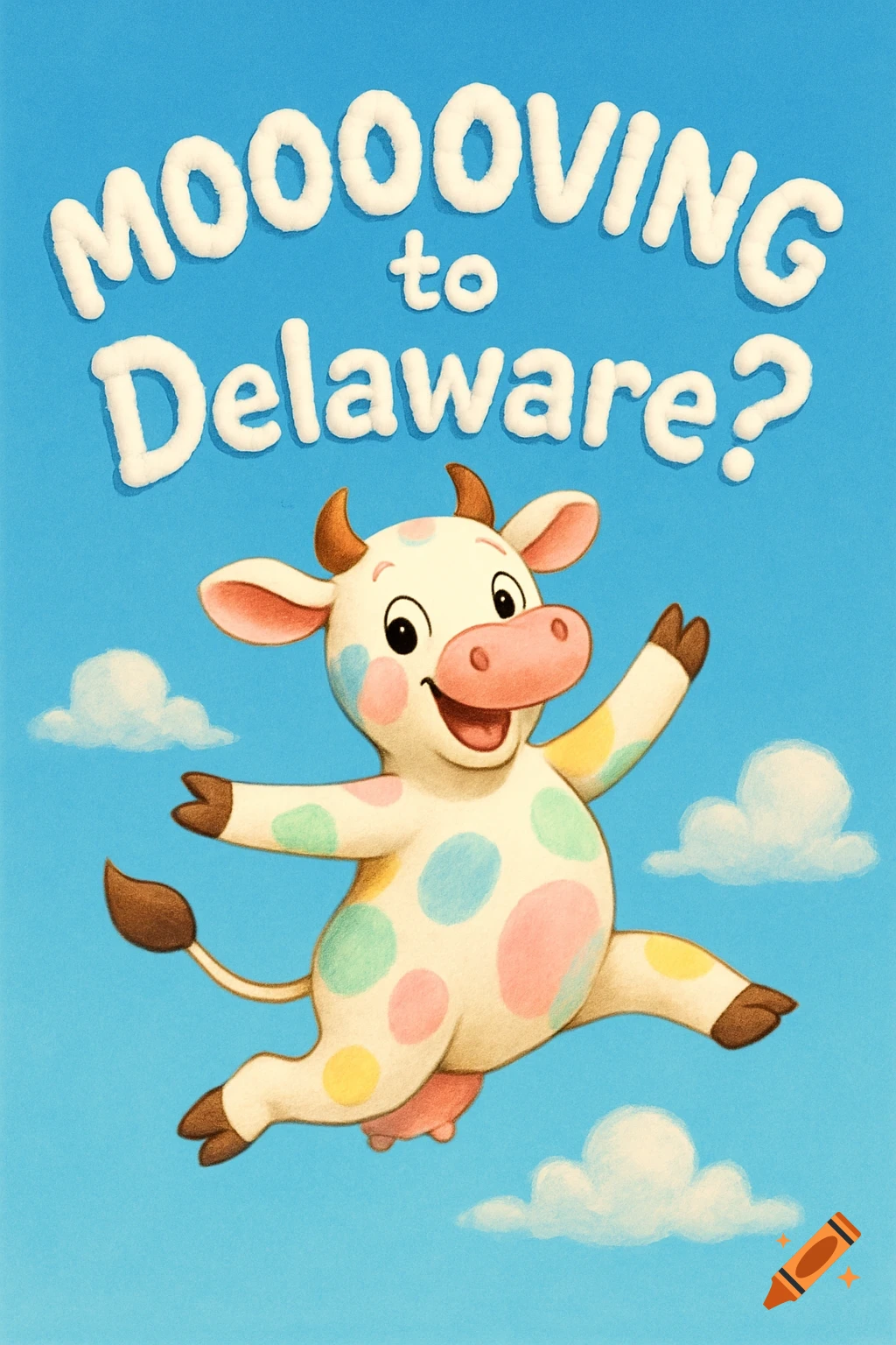 A cute white cartoon cow with colorful polka dots jumps happily in a blue sky with clouds, with the text MOOOOVING to Delaware? above it.