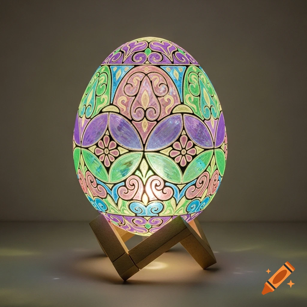 A colorful, decorated glass Easter egg, lit from within, resting on a simple wooden stand in a dimly lit setting.