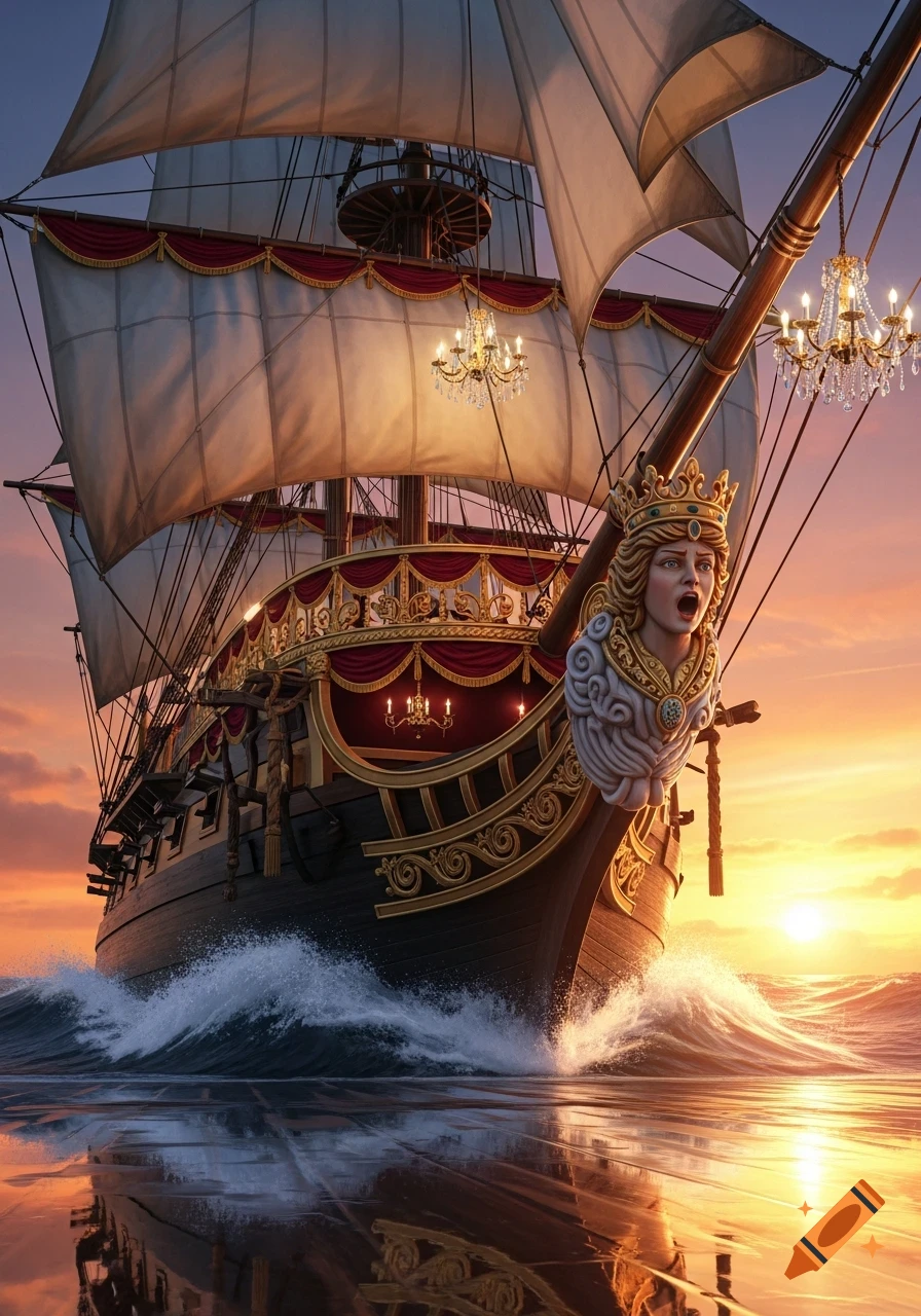 A majestic, ornate sailing ship with a regal figurehead and chandeliers sails through waves at sunset, reflected in the water.