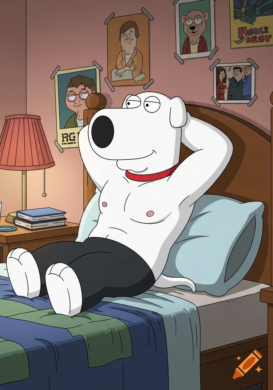 Cartoon Brian Griffin from Family Guy relaxing shirtless in bed with hands behind his head, smiling.