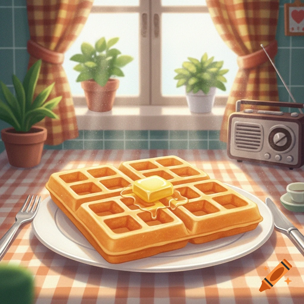 A plate of waffles with melting butter and syrup on a checkered tablecloth in a cozy, sunlit kitchen with potted plants and a retro radio.