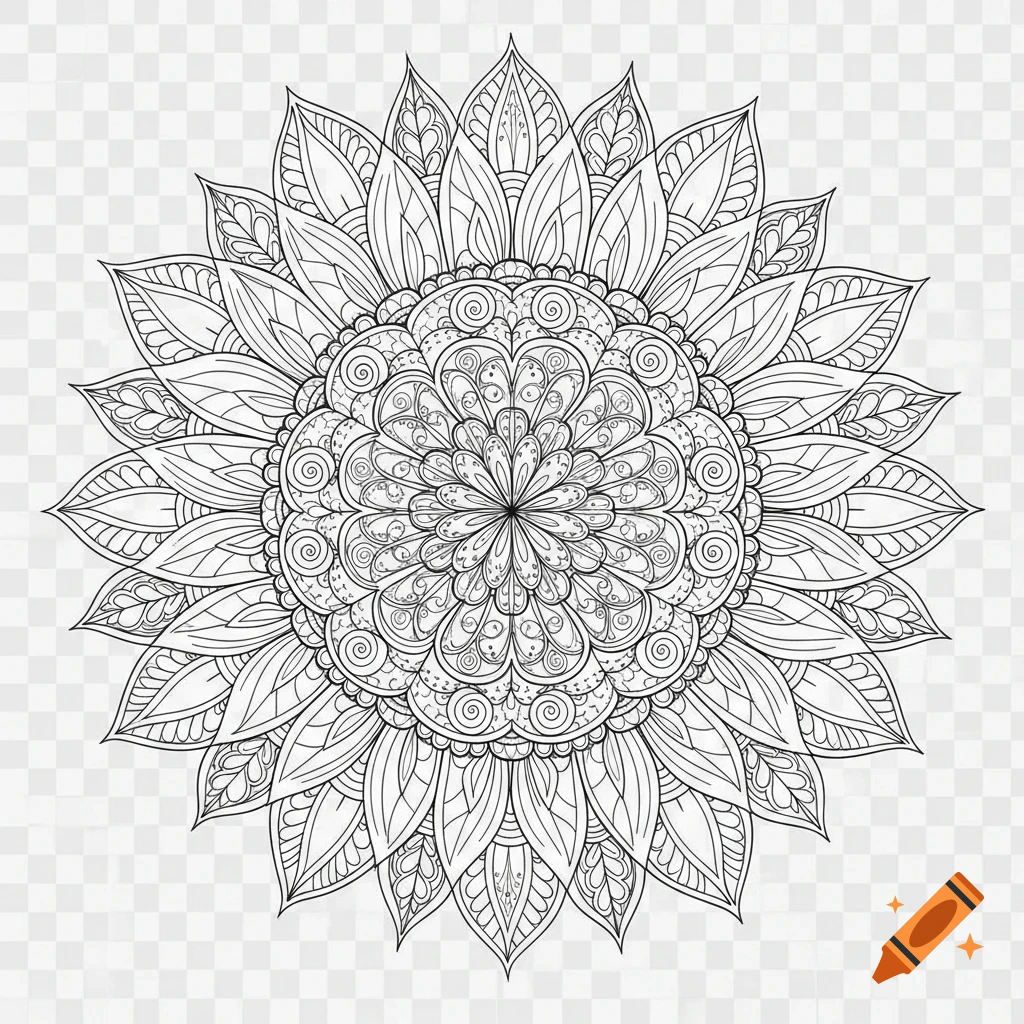 Intricate black and white line art mandala with stylized sunflower petals on a transparent background, suitable for a coloring page.