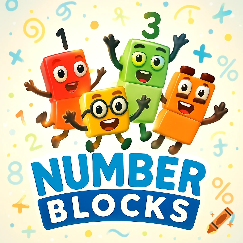 Four colorful, smiling Numberblocks characters with the text 'NUMBER BLOCKS' below them. Background has scattered numbers and math symbols.
