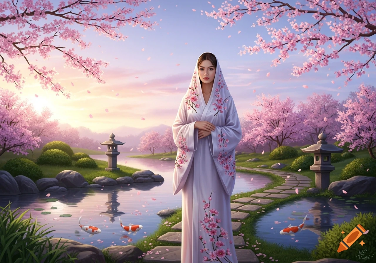 A woman in a flowing, blossom-adorned gown stands in a serene Japanese garden with a pond, koi fish, and blooming cherry trees.