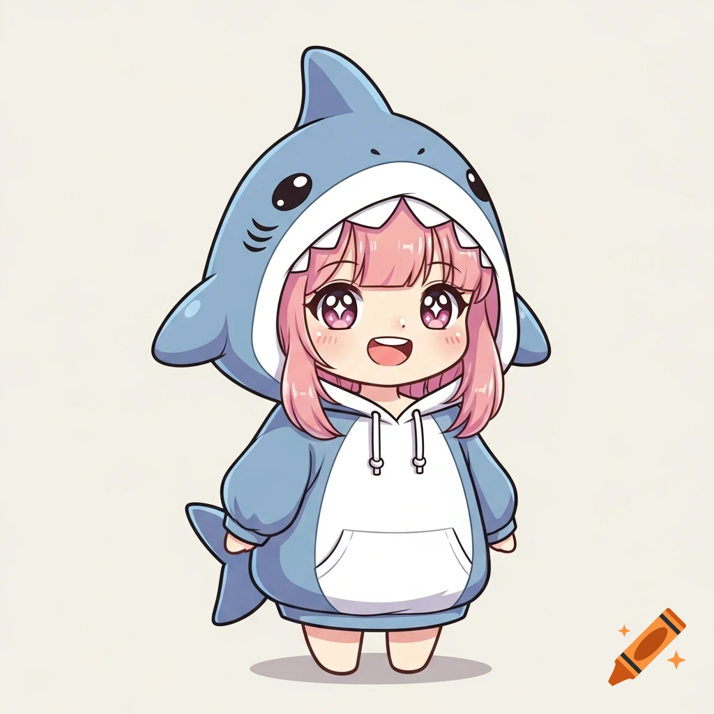A cute chibi anime girl with pink hair wearing a blue shark hoodie, smiling cheerfully.