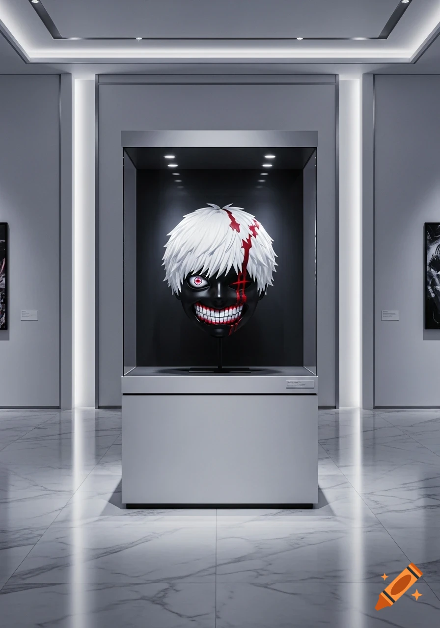 A white-haired, black-faced mask with a red eye and grinning mouth, displayed in a brightly lit museum gallery.
