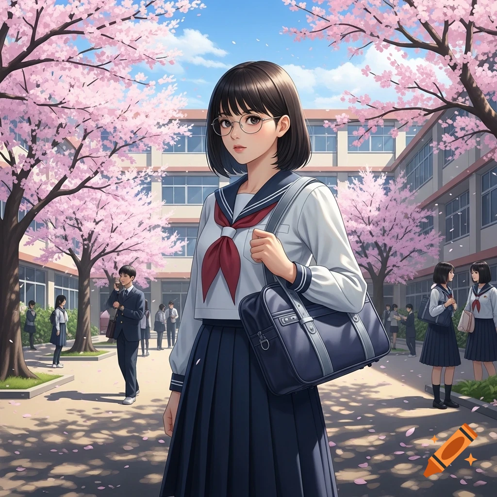 Anime style depiction of a Japanese high school girl in uniform, holding a satchel, standing in a school courtyard filled with pink cherry blossoms.