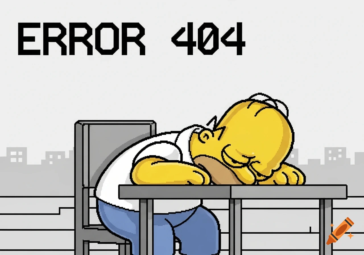 Homer Simpson sleeping face down on a desk beneath 'ERROR 404' text, in pixel art style.