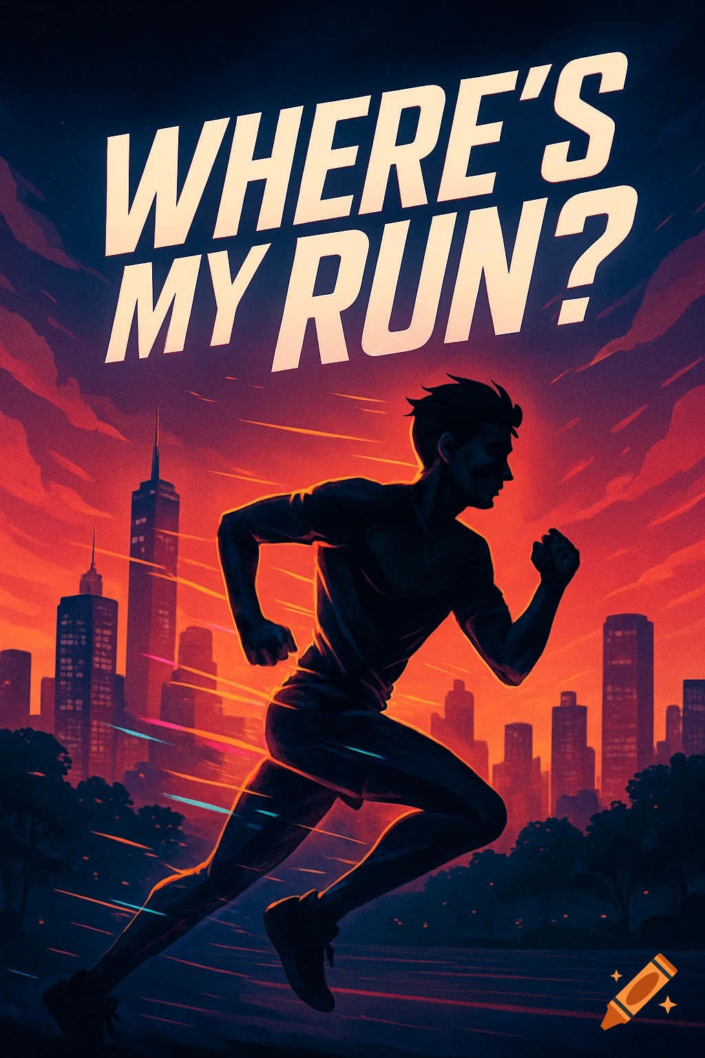 Vibrant poster of a silhouetted man running against a red and blue city skyline at sunset, with 'WHERE'S MY RUN?' text.