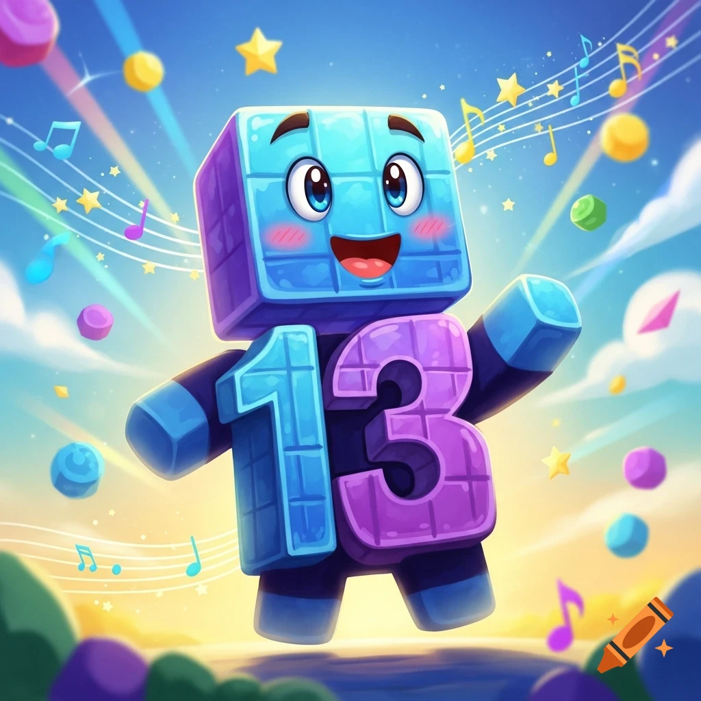 A cheerful, blocky cartoon character forming the number 13, with blue and purple segments, waving in a colorful sky with musical notes and stars.