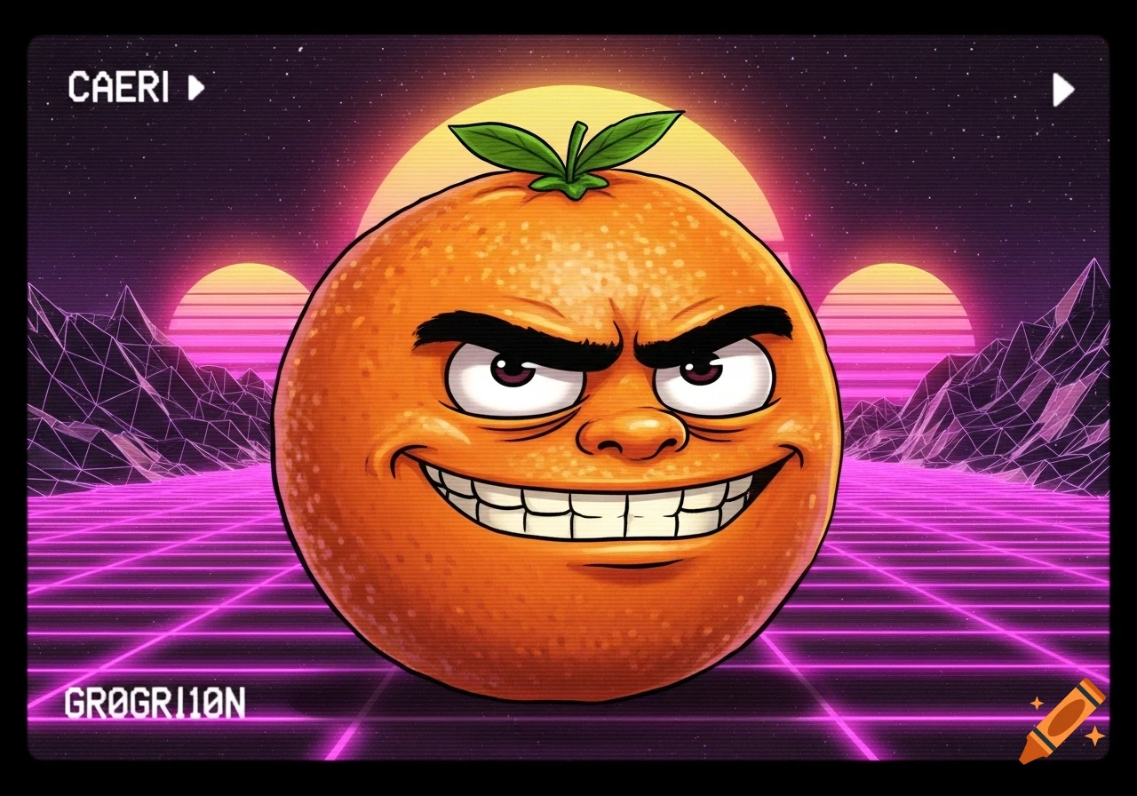 A mischievous cartoon orange face against a retro-futuristic synthwave landscape with pink grid lines, mountains, and a sunset, framed like a VHS tape.