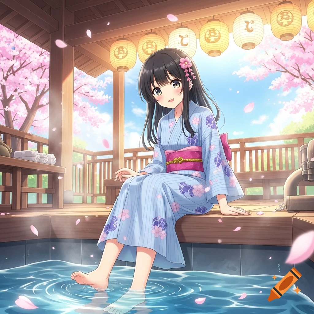An anime girl in a blue yukata sits on a wooden deck, dipping her feet in an outdoor bath under cherry blossoms.