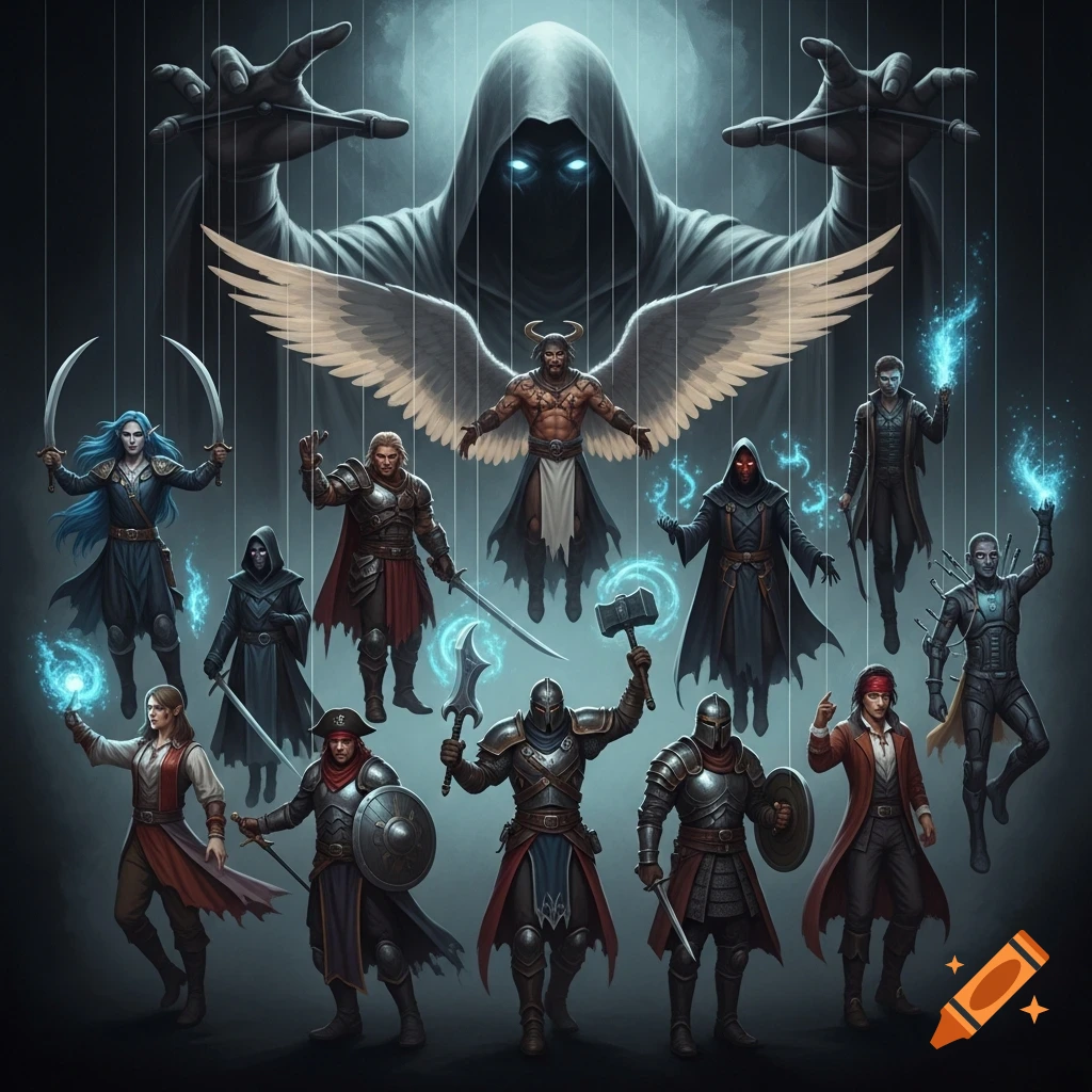 An epic dark fantasy album cover showing a gigantic hooded figure with glowing eyes manipulating a diverse group of adventurers like puppets with glowing magical strings.